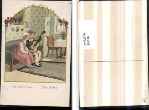 291140,Künstler AK Pauli Ebner Die fünf Sinne Das Gehör Mädchen Junge Gitarre pub August Rökl 1316