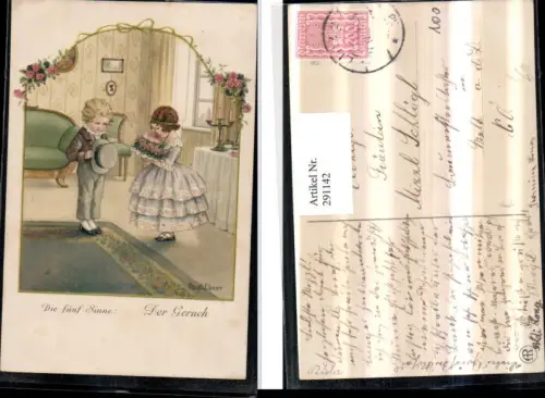 291142,Künstler AK Pauli Ebner Fünf Sinne Der Geruch Mädchen Kleid Blumenstrauß Junge pub August Rökl 1316