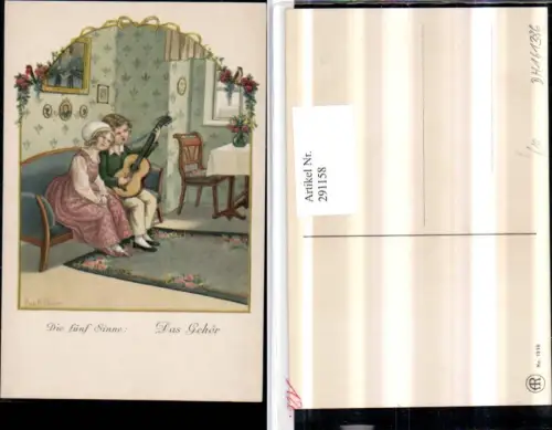 291158,Künstler AK Pauli Ebner Die fünf Sinne Das Gehör Mädchen Junge Gitarre pub August Rökl 1316