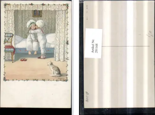 291168,Künstler AK Pauli Ebner Kinder Wangenkuss Bett Katze pub M. Munk 1158