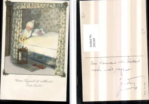 291169,Künstler AK Pauli Ebner Gute Nacht Kinder Bett Mütze Kerze pub M. Munk 1158