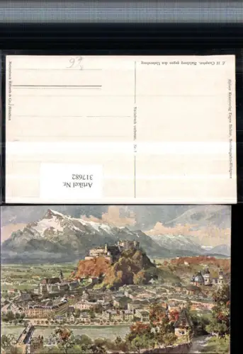 317682,Künstler AK E. H. Compton Salzburg Totale m. Festung geg. Untersberg Bergkulisse