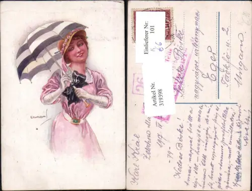 319398,Künstler Ak Louis Usabal Frau Hut Schirm