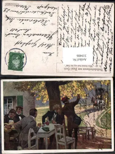 319406,Künstler Ak Paul Hey Was kommt da von d. Höh Postkutsche Gastgarten Wein Gitarre