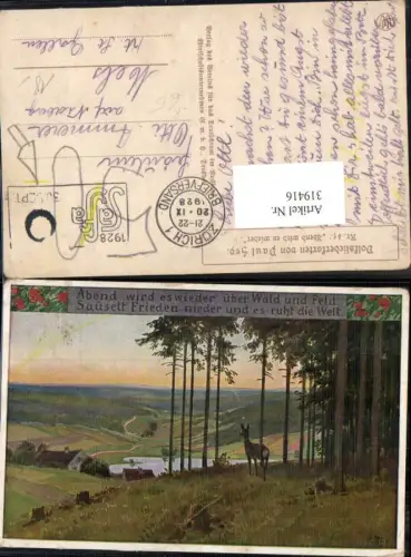 319416,Künstler Ak Paul Hey Abend wird es wieder Reh Wald Landschaft pub Volksliederkarte 65