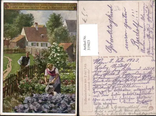 319423,Künstler Ak Paul Hey Rosenstock Holderblüh Frau Gießkanne pub Volksliederkarte 41