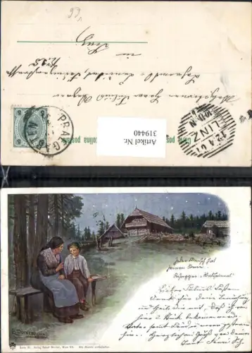 319440,Künstler Ak E. Döcker jun. Mutter m. Bub Junge Bank Bauernhof b. Nacht pub Rafael Neuber VI