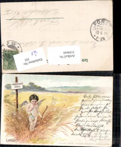 319444,Künstler Litho E. Döcker jun. Engel Amor Wegweiser Getreidefeld