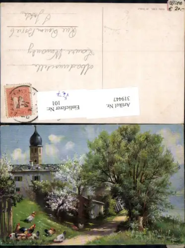 319447,Künstler Ak Alfred Schönian Hühner Hahn Dorf Kirche Wegpartie pub Theo Stroefer 1239