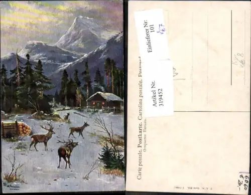 319452,Künstler Ak Alfred Schönian Hirsche Rehe Wild Winterwald Hütte b. Nacht pub Theo Stroefer 616