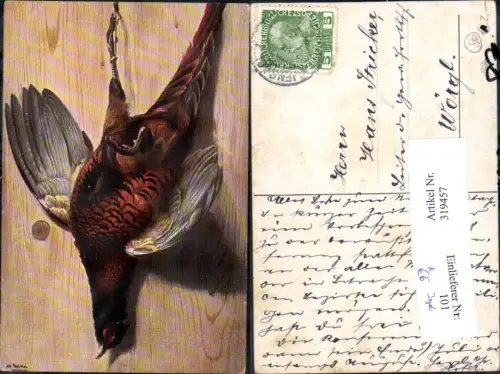 319457,Künstler Ak Alfred Schönian Fasan kopfüber a. Schnur Jagd