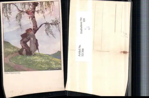 321306,Künstler AK Ernst Kutzer Der Frühling Liebespaar Kuss Baum Engel Amor