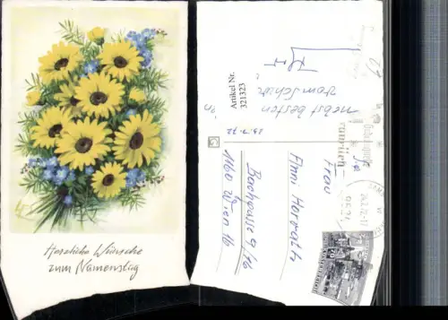 321323,Künstler AK Lia Döring Namenstag Blumenstrauß Sonnenblumen Vergissmeinnicht