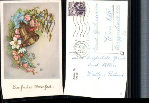 321331,Künstler AK Lia Döring Ostern Glocke Schleife Blumen Narzissen Haselnusskätzchen