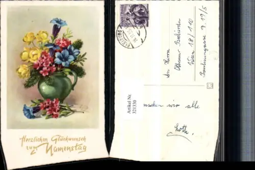 321330,Künstler AK Lia Döring Namenstag Blumenstrauß Blumen Enzian Krug