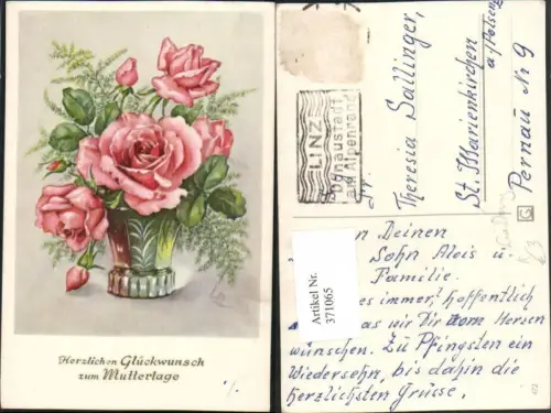 371065,Künstler AK Lia Döring Muttertag Rosenstrauß Rosen Vase