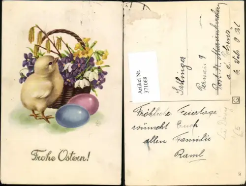 371068,Künstler AK Lia Döring Ostern Küken Korb Blumen Veilchen Ostereier Eier