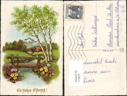 371072,Künstler AK Lia Döring Ostern Landschaft Brücke Birken Haus Bergkulisse