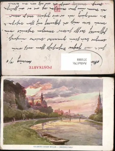 371088,Künstler AK E. T. Compton Salzburg geg. Mülln Abendglühen Fluss Brücke