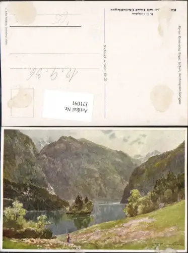 371091,Künstler AK E. T. Compton Königssee See m. Insel Christlieger Bergkulisse