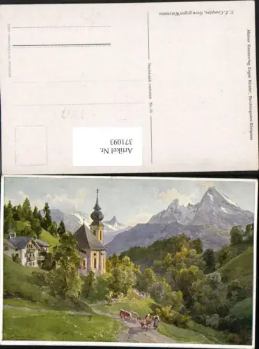 371093,Künstler AK E. T. Compton Gern Kirche geg. Watzmann Bergkulisse