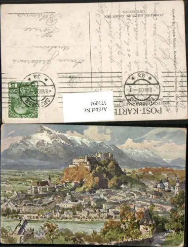 371094,Künstler AK E. H. Compton Salzburg Totale geg. Untersberg Bergkulisse