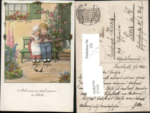 371141,Künstler AK Pauli Ebner Kinder Liebe Bank Vögel Katze pub M. Munk 1158