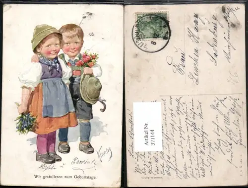 371144,Künstler AK Karl Feiertag Geburtstag Kinder Tracht Federhut Blumen pub Theo Stroefer 515euro6