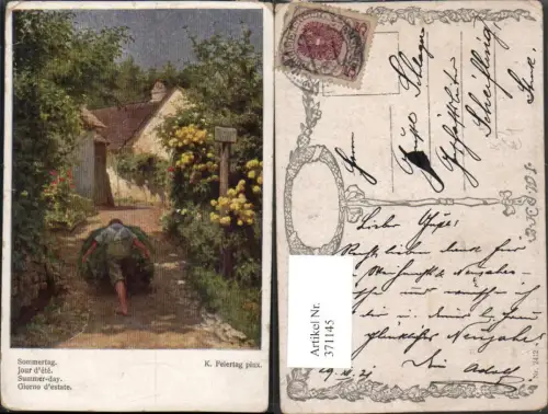 371145,Künstler AK Karl Feiertag Sommertag Mann Heuwagen Haus pub B.K.W.I. 2412