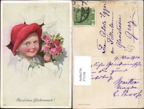 371158,Künstler AK Karl Feiertag Glückwunsch Junge Bub m. Hut Rosenstrauß pub B.K.W.I. 803euro4