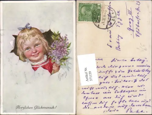371159,Künstler AK Karl Feiertag Glückwunsch Mädchen Kopf Flieder pub B.K.W.I. 803euro2