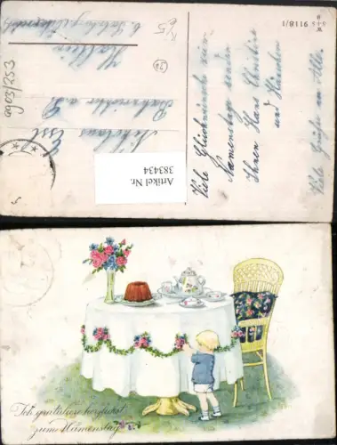 383434,Künstler AK Elly Frank Namenstag Kind Junge Gedeckter Tisch Blumen Kuchen