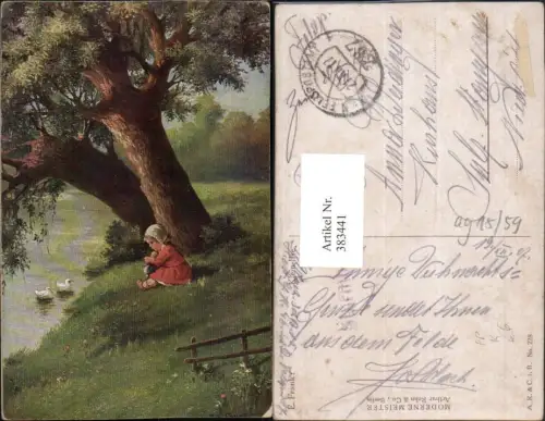 383441,Künstler AK Elly Frank Klein Ilse Mädchen m. Puppe Ufer Enten Feldpost Nr. 287