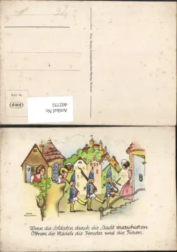 402751,Künstler AK Liesel Lauterborn Soldaten marschieren Parade Frauen schauen aus Fenster Tür