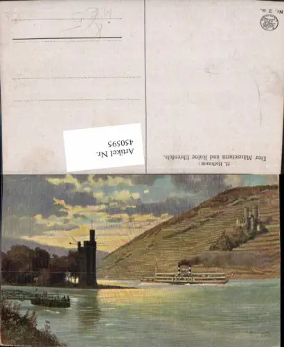 450595,Künstler AK Heinrich Hoffmann Mäuseturm Turm u. Ruine Ehrenfels Dampfer