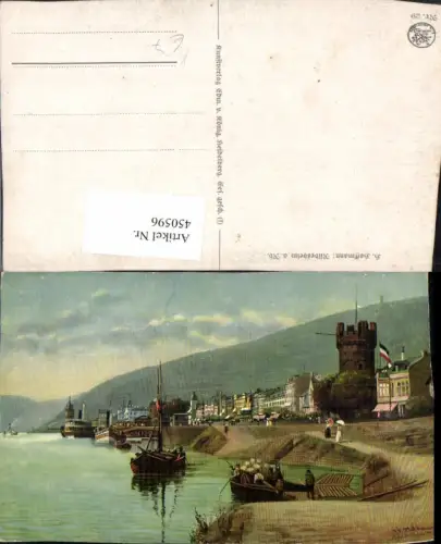 450596,Künstler AK Heinrich Hoffmann Rüdesheim am Rhein Teilansicht Dampfer
