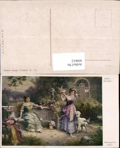 450612,Künstler AK Hans Zatzka Zudringliche Gäste Frauen Tiere Lamm Tauben