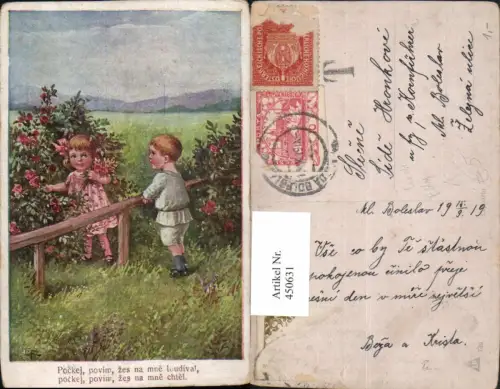 450631,Künstler AK Elly Frank Kinder Zaun Blumen Rosen