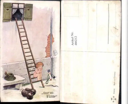 486212,Künstler AK Willi Scheuermann Amor als Wächter Leiter Fenster