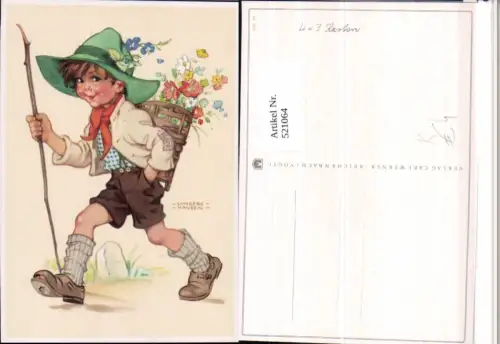 521064,Künstler AK Ilse-Wende Lungershausen Junge Hut Korb Stock Blumen