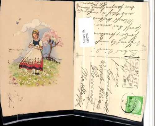 521078,Künstler AK Liesel Lauterborn Mädchen Kleid Blumenwiese Baum