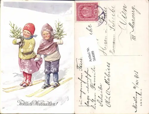 564089,tolle Künstler AK Karl Feiertag Ski Weihnachten Kinder pub B.K.W.I. 2991-6