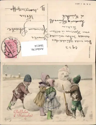 564114,Künstler AK Karl Feiertag Neujahr Schneemann Besen Kinder pub B.K.W.I. 3065-5