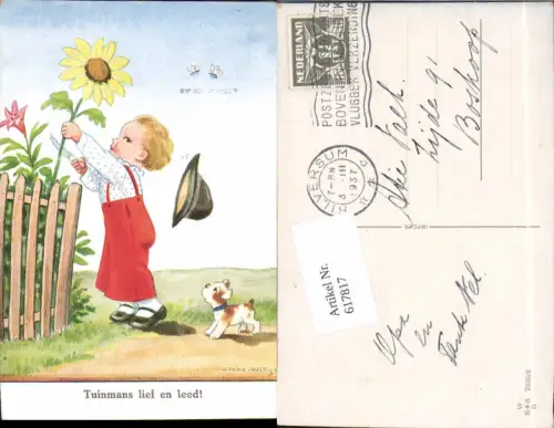 617817,Künstler AK John Wills Willi Scheuermann Humor Sonnenblume Hund Kind