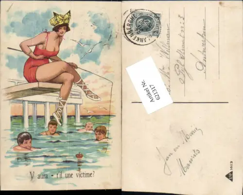 621317,tolle Künstler AK Arthur Thiele Frau fischt Männer Humor Emanzipation