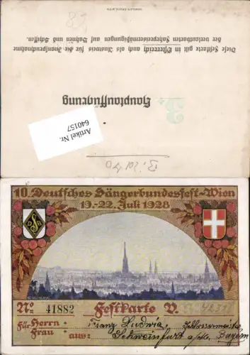 640157,Festkarte 10. Deutsches Sängerbundfest Wien 1928 Ernst Kutzer