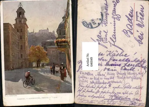 646049,Künstler AK E. T. Compton Salzburg Glockenspiel Festung Dom Radfahrer Fahhrad