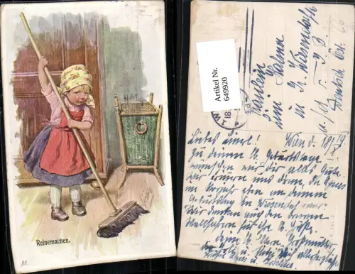 Künstler AK Karl Feiertag Mädchen Kind kehrt Besen Boden reinemachen pub B.K.W.I. 741-2