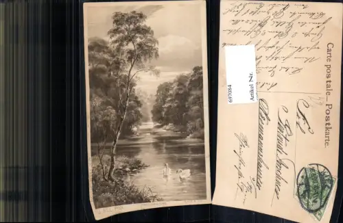 697084 Künstler AK J. Hill See Schwan Schwäne Baum gel Assmannshausen