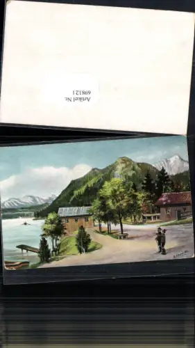 698121 Künstler AK A. Reinhardt Jagd Jäger Landschaft See Bayern